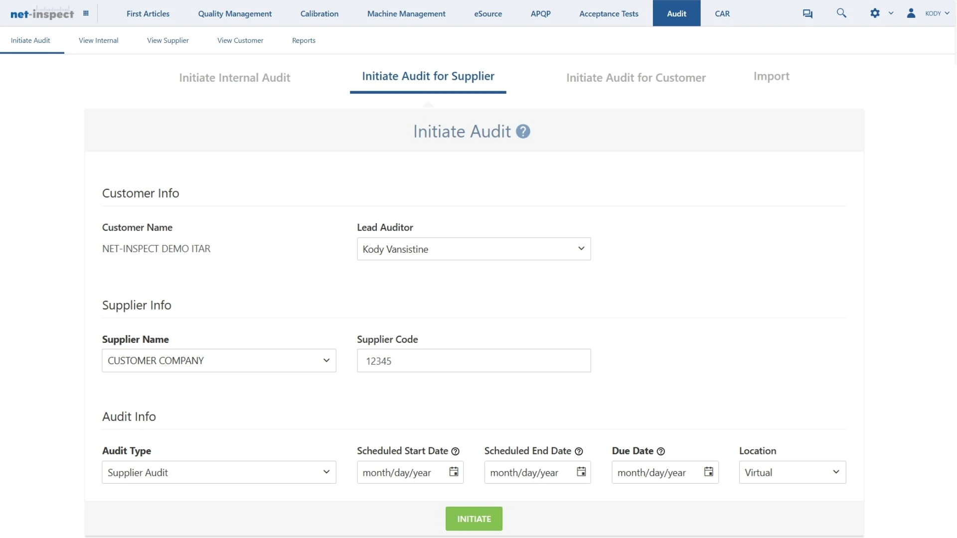 Image of Net-Inspect Quality Audit Management Software, supplier audit initiation